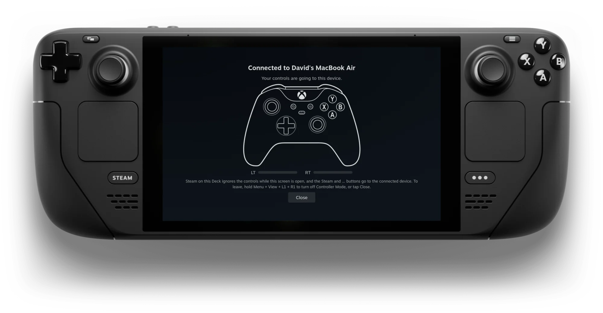 A Steam Deck showing DeckPad's Controller Screen while connected to a MacBook Air