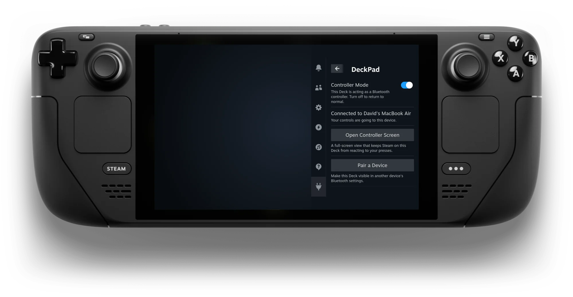 A Steam Deck with the Quick Access menu open on DeckPad's panel, connected to a MacBook Air